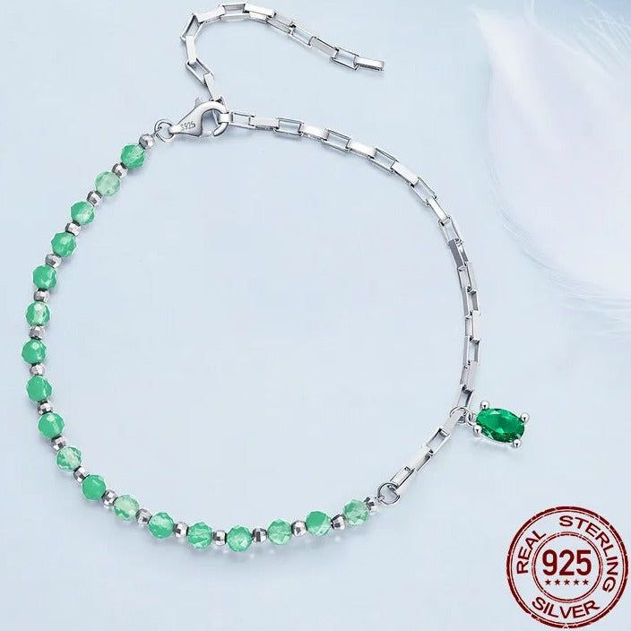 Crystal Green Beads Bracelet Delicate Square Link - DKLOR -  -  