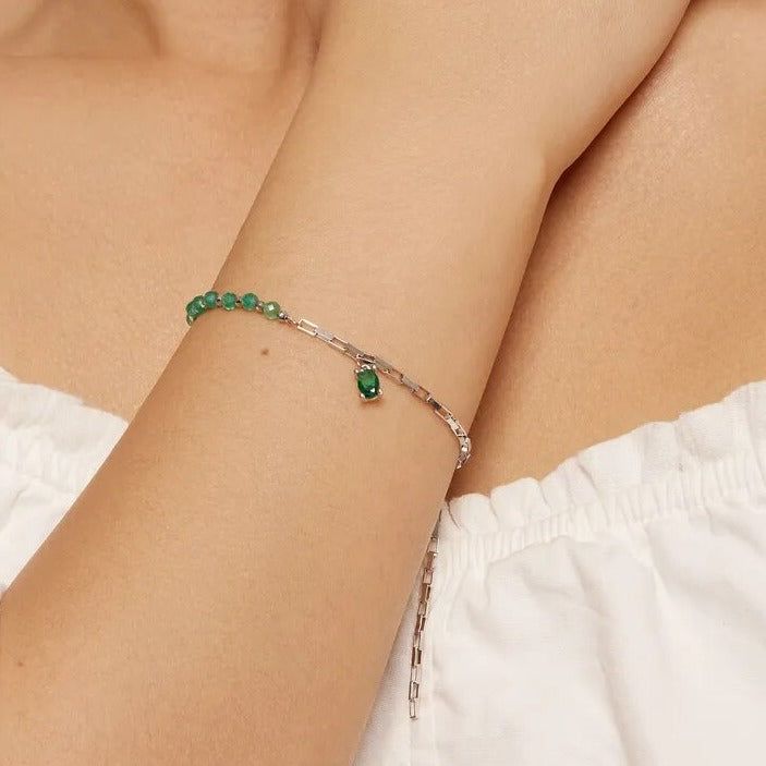 Crystal Green Beads Bracelet Delicate Square Link - DKLOR -  -  