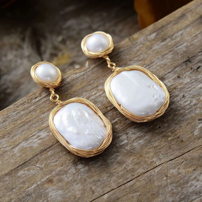 Golden Wire Wrapped Pearl Earrings - DKLOR -  -  