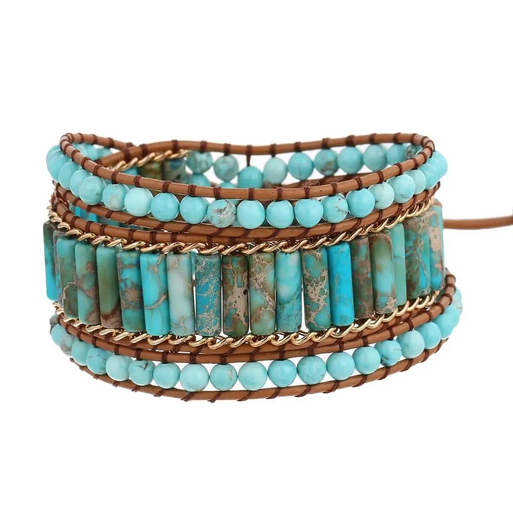 Handmade Turquoise Bead Leather Bracele - DKLOR -  -  