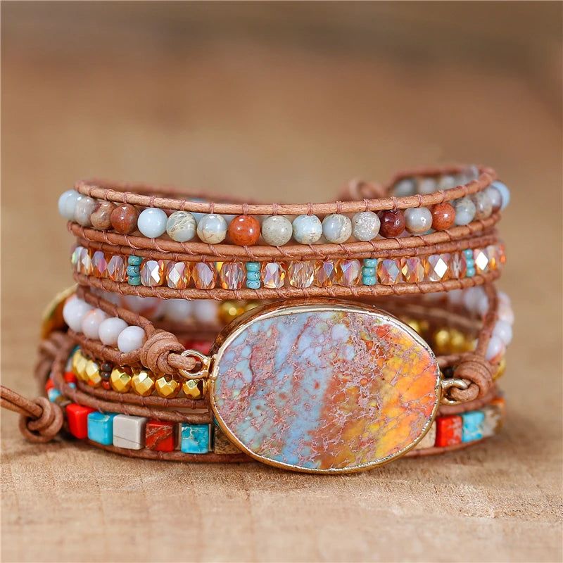 Jasper Blue Orange 5 Wraps Bracelet - DKLOR -  -  