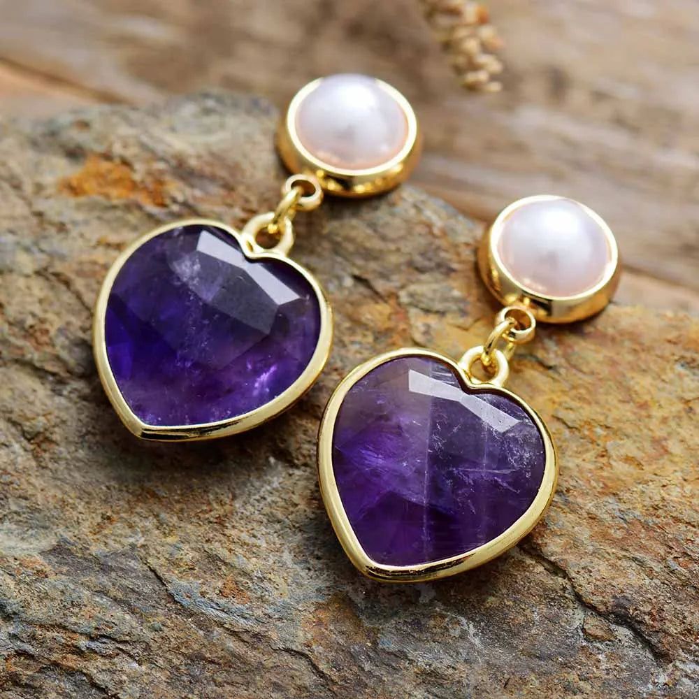 Luxe Heart Shape Amethysts Lapis Earnings - DKLOR -  -  