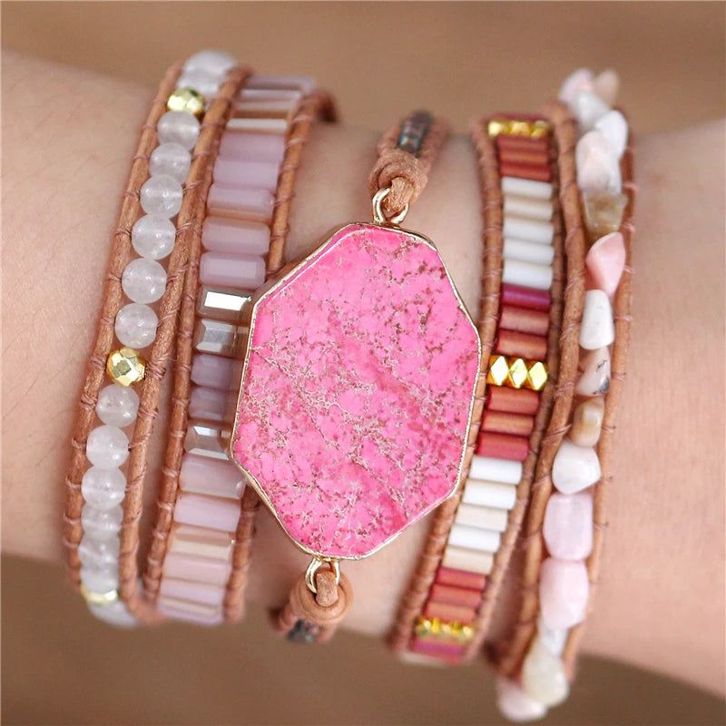 Pink Gemstone Leather Wrap Bracelet - DKLOR -  -  