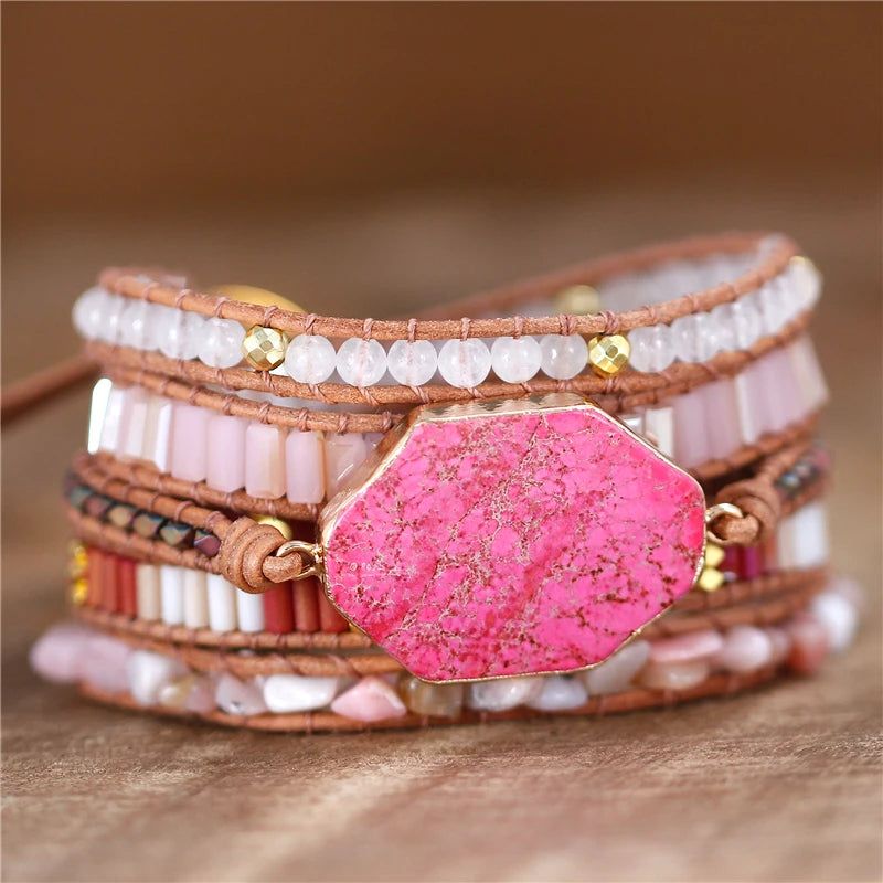 Pink Gemstone Leather Wrap Bracelet - DKLOR -  -  