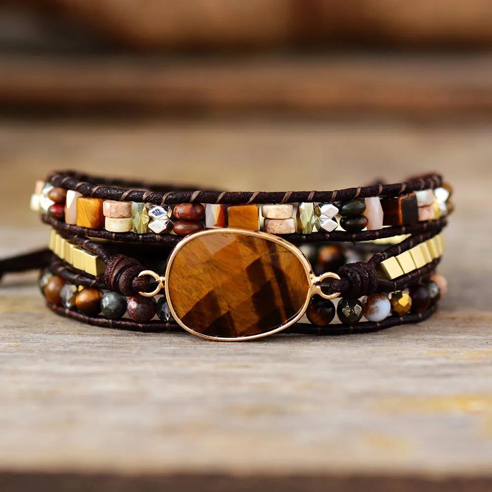 Tiger Eye Stone Leather Bracelet - DKLOR -  -  