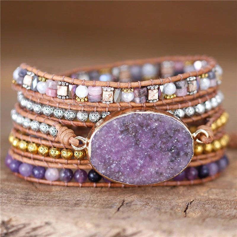 Violet Stone Beaded Leather 5 Wrap Bracelet - DKLOR -  -  