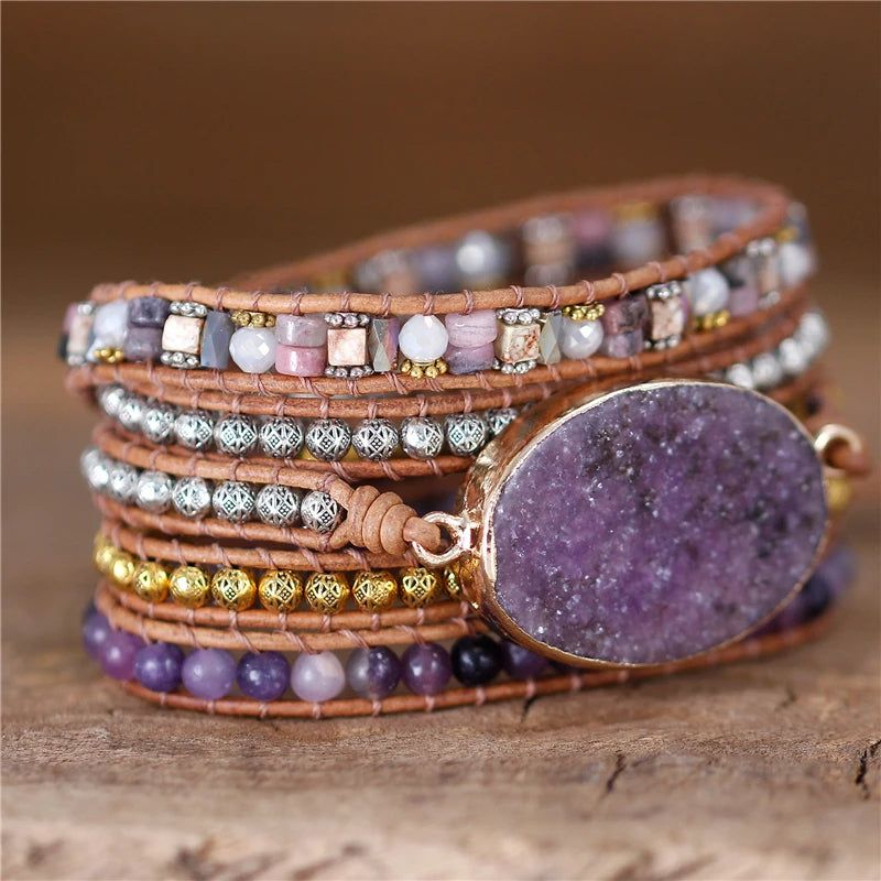 Violet Stone Beaded Leather 5 Wrap Bracelet - DKLOR -  -  